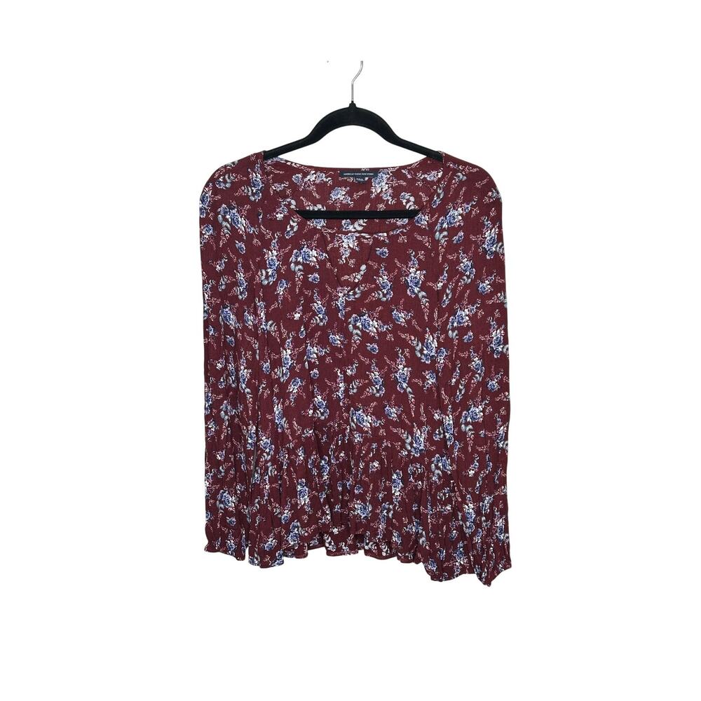 American Eagle Burgundy Floral Peplum Blouse Womens M Bohemian Cottagecore Top
